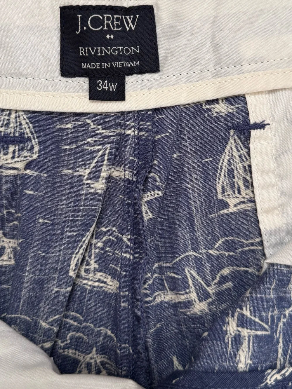 J. Crew 34W Navy Blue shorts with White Sailboat Motif
